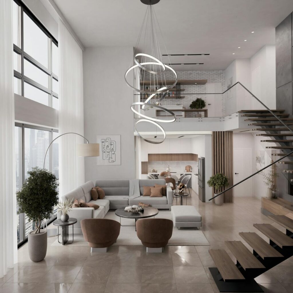 Spacious modern duplex living room with chic furnishings and expansive windows.