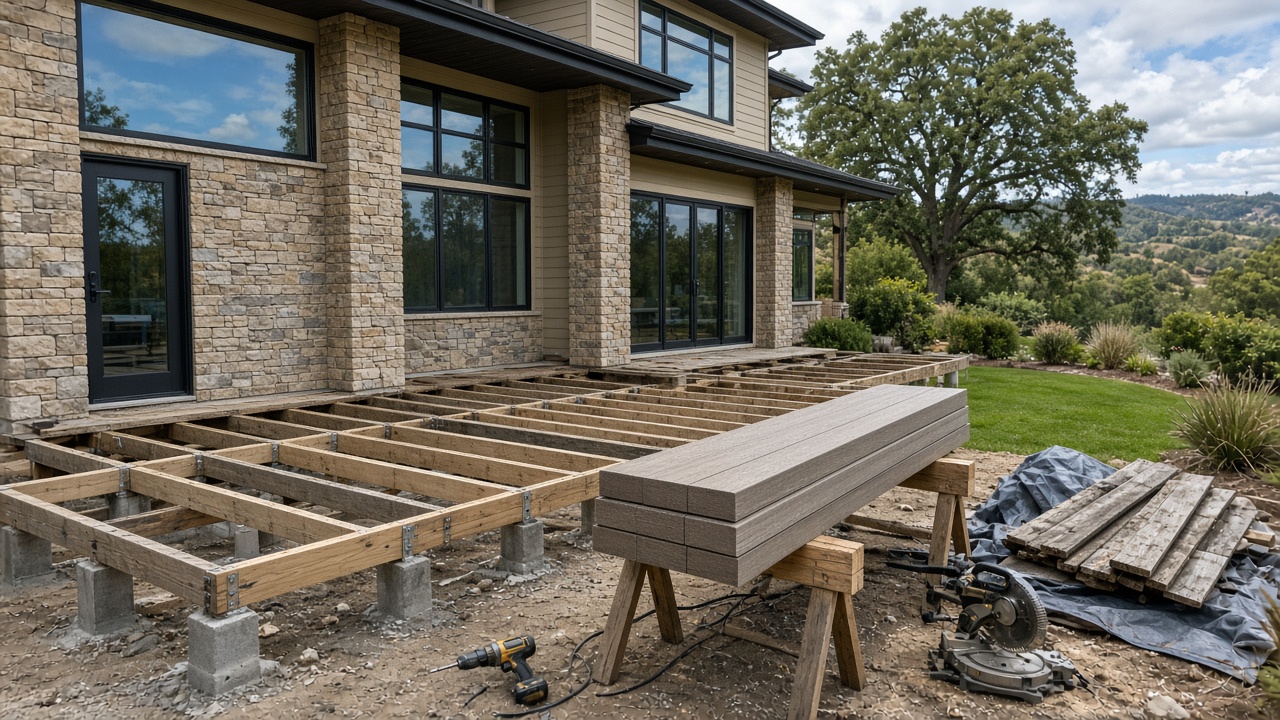 New pressure-treated deck framing on concrete footings with new deck boards stacked on sawhorses