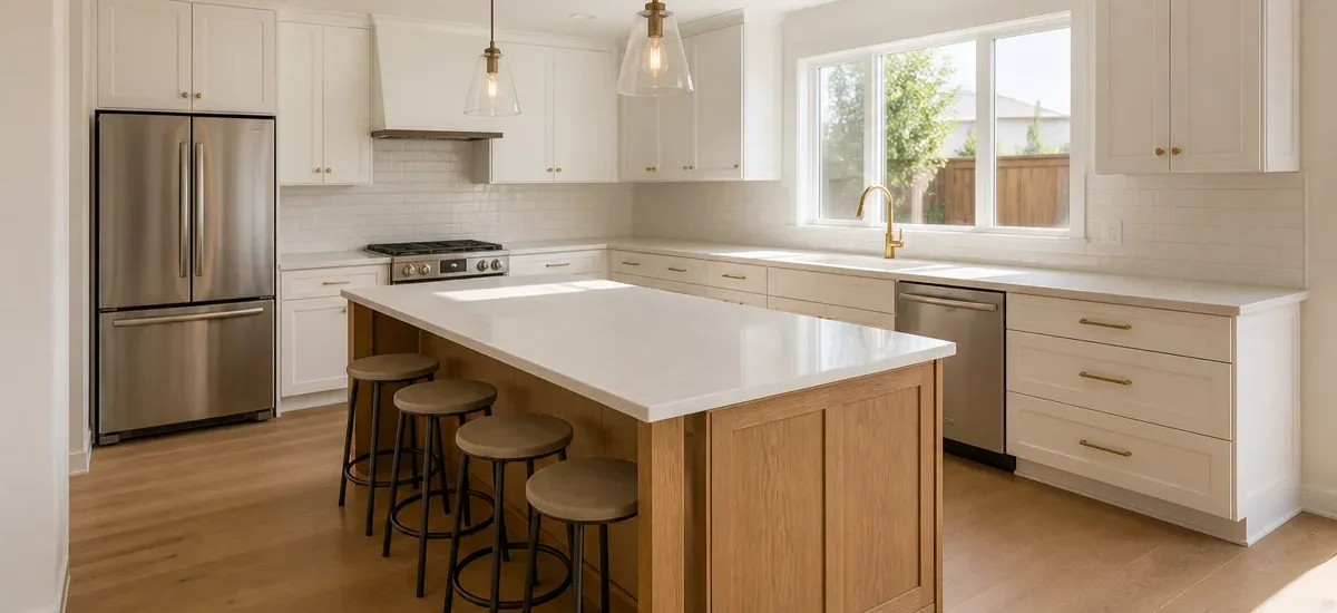 Finished Sacramento kitchen remodel with white shaker cabinets, oak island, and quartz counters