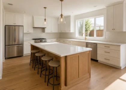 Finished Sacramento kitchen remodel with white shaker cabinets, oak island, and quartz counters