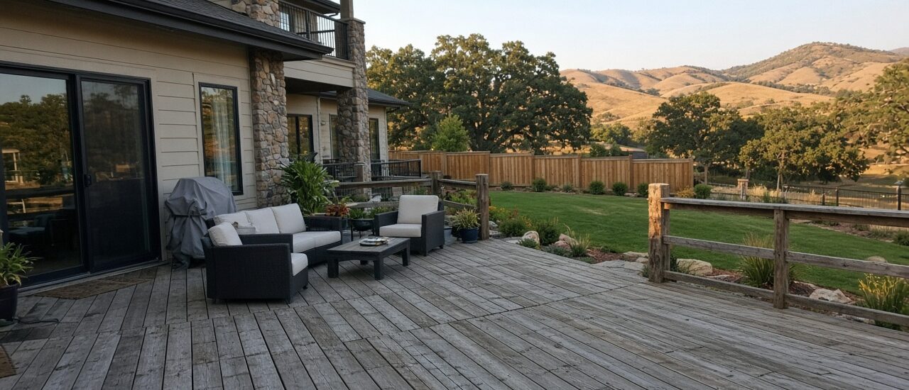 Weathered gray wood deck with patio furniture behind a stone-accented home near the foothills